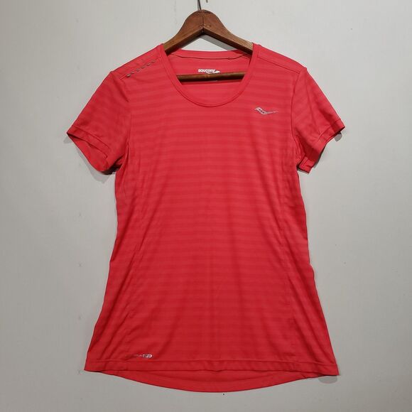 Saucony Womens RunDry Bright Pink Coral Striped Running Shirt Reflective M - Picture 1 of 9